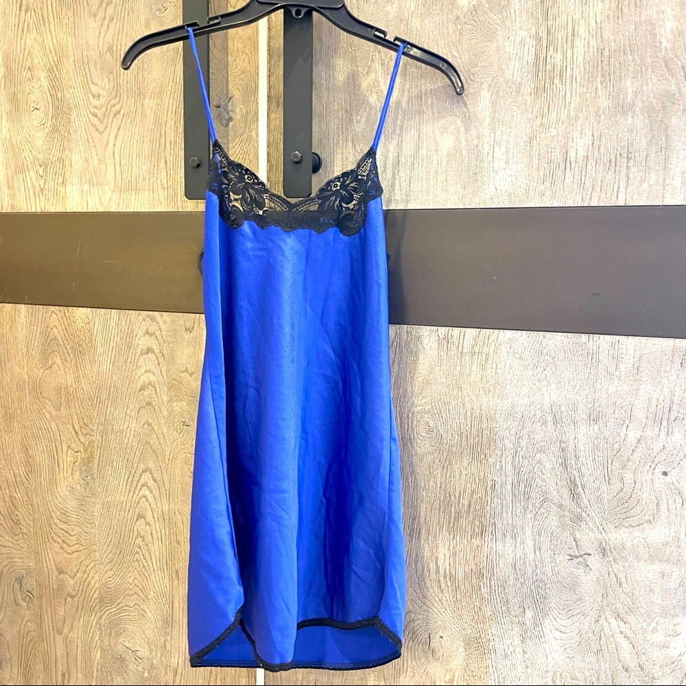 LINDSEY ROSCOE - Vintage Royal Blue Satin Lace Trim Cami Dress  Sz S (0157)